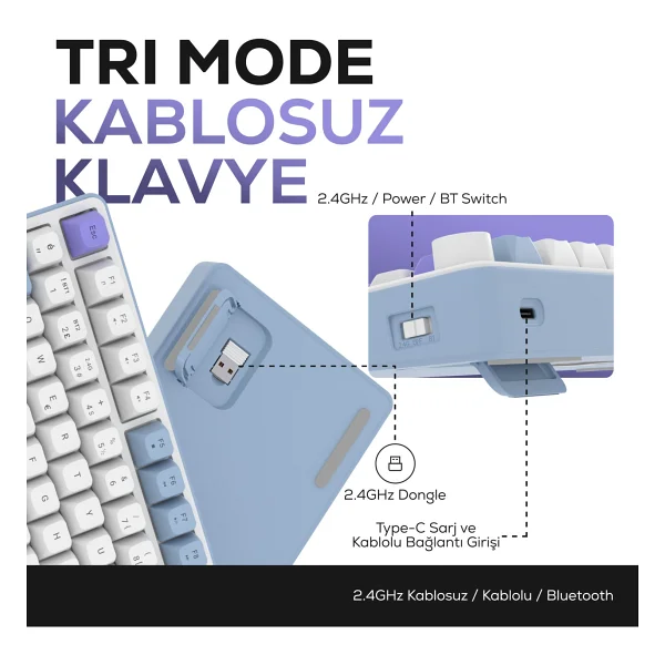 Hawk Hk255 Membrane Lcd RGB Kablosuz/Bluetooth Gri Mor %75 Türkçe Gaming Oyuncu Klavye - Görsel 5