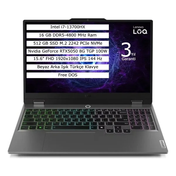 Lenovo Loq 15ırx10 83je00kmtr İ7-13700hx 16 GB 512 GB SSD Rtx5050 15.6" Full HD Gaming Laptop - Görsel 6