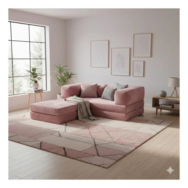 Monamı Dechome Yeny Fitilli Kadife Köşe Koltuk 160x160 Köşe Takımı Modüler Köşe Takımı Yataklı L Koltuk Fitilli Kadife - Pembe - Görsel 2