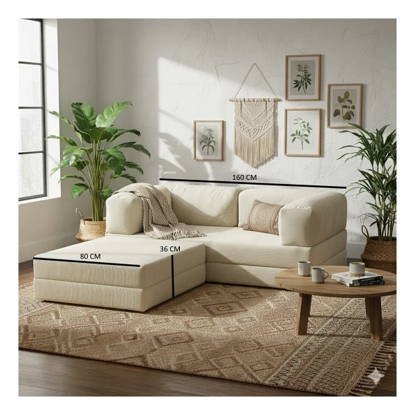 Monamı Dechome Yeny Fitilli Kadife Köşe Koltuk 160x160 Köşe Takımı Modüler Köşe Takımı Yataklı L Koltuk Fitilli Kadife - Krem - Görsel 7