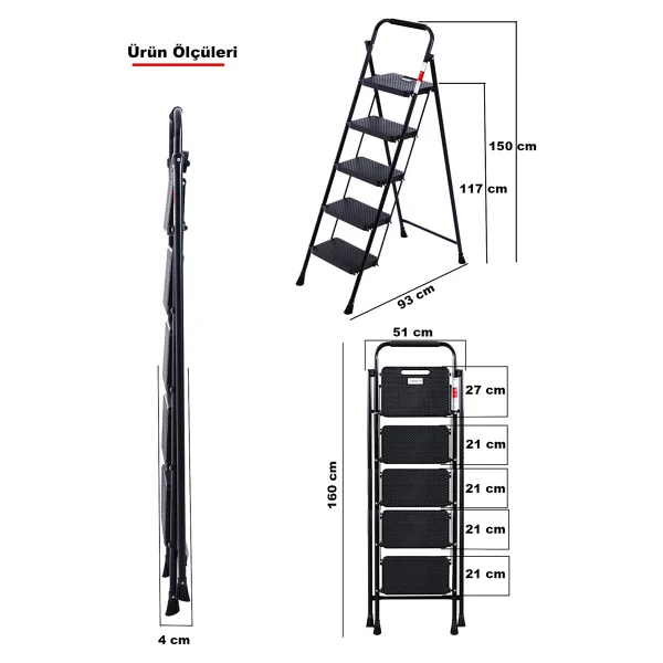 Perilla 51405 Stepla Geniş 5 Basamaklı Katlanır Merdiven Eurotower Siyah 5 Basamaklı - Görsel 5