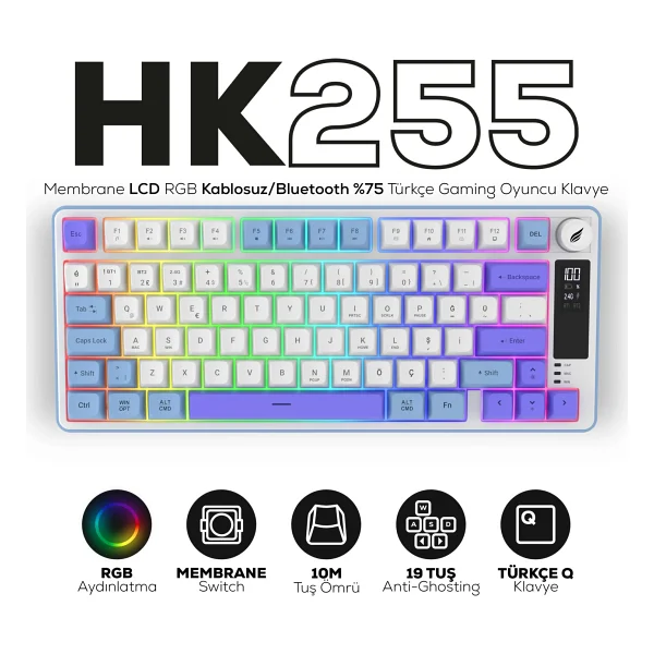 Hawk Hk255 Membrane Lcd RGB Kablosuz/Bluetooth Gri Mor %75 Türkçe Gaming Oyuncu Klavye - Görsel 2