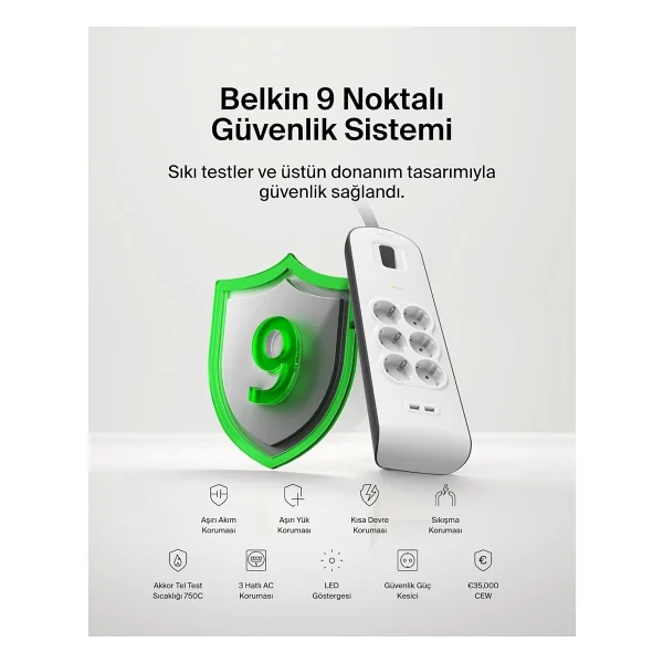 Belkin 6'lı Akım Korumalı Priz + 2x USB-A 2 m - Beyaz - 1 Adet - Görsel 5