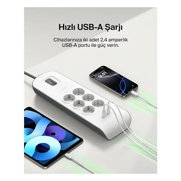 Belkin 6'lı Akım Korumalı Priz + 2x USB-A 2 m - Beyaz - 1 Adet - Görsel 6