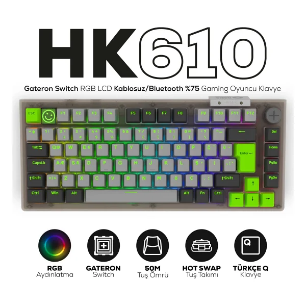 Hawk Gaming Hk610 RGB Tkl Gateron Switch Kablolu/Kablosuz Oyuncu Klavyesi - Görsel 10