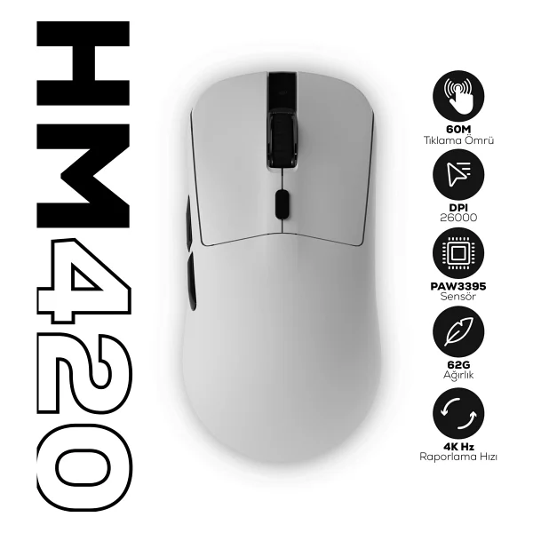 Hawk Gaming HM420 Beyaz Şarjlı Optik Kablolu/Kablosuz Oyuncu Mouse - Görsel 10