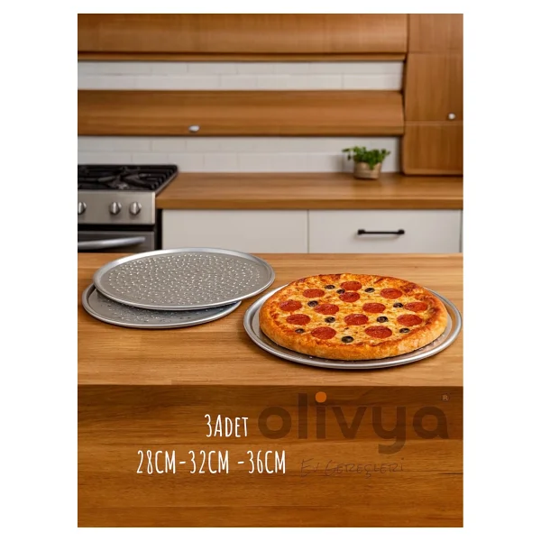 Olivya 3lü Lüx Delikli Pizza Lahmacun Pide Tepsisi - 36 Cm - Gümüş - Görsel 4