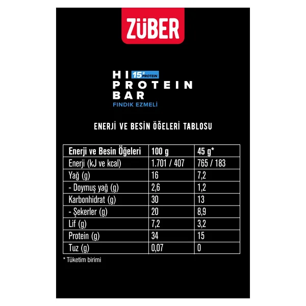 Züber Fındık Ezmeli 45 Gr 12'li Yüksek Protein Bar - Görsel 2