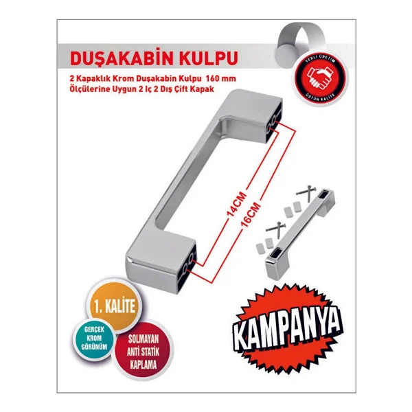 Can Yıldız Plastik Lüks Kare Krom D Kulp Duşa Kabin Kulbu Krom Duş Kulp 4 Adet Dörtlü Set Lüx - Görsel 3