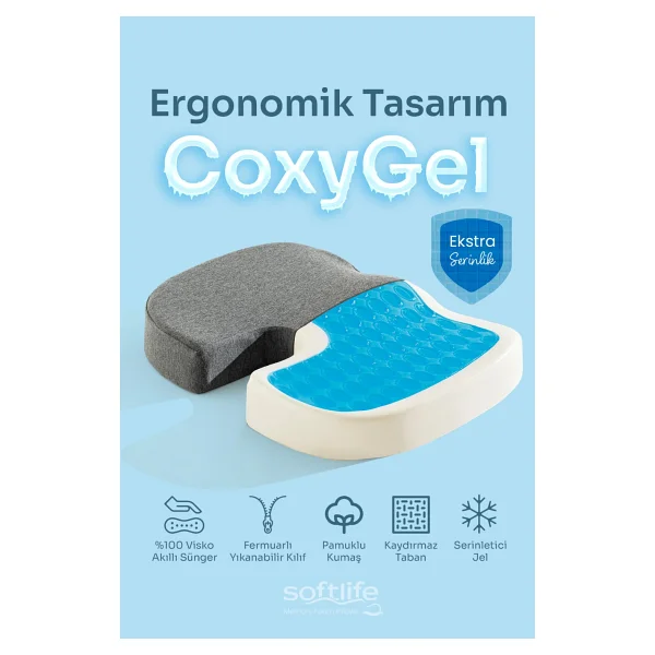 Softlife Coxygel Serinleten Visco Oturma Minderi Jelli Ortopedik Coccyx Kuyruk Sokumu Minderi 45x34x7cm - 45 X 35 Cm - Gri - Görsel 2