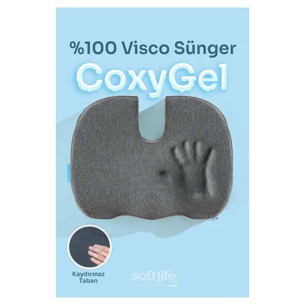 Softlife Coxygel Serinleten Visco Oturma Minderi Jelli Ortopedik Coccyx Kuyruk Sokumu Minderi 45x34x7cm - 45 X 35 Cm - Gri - Görsel 3