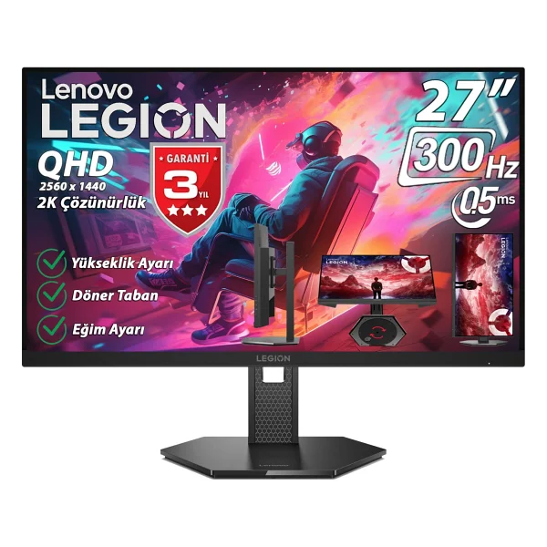 Lenovo Legion 27q-11 67d3gac1tk 27" 0.5 Ms 2k Pivot Ips 300 Hz Oyuncu Monitörü - Görsel 2