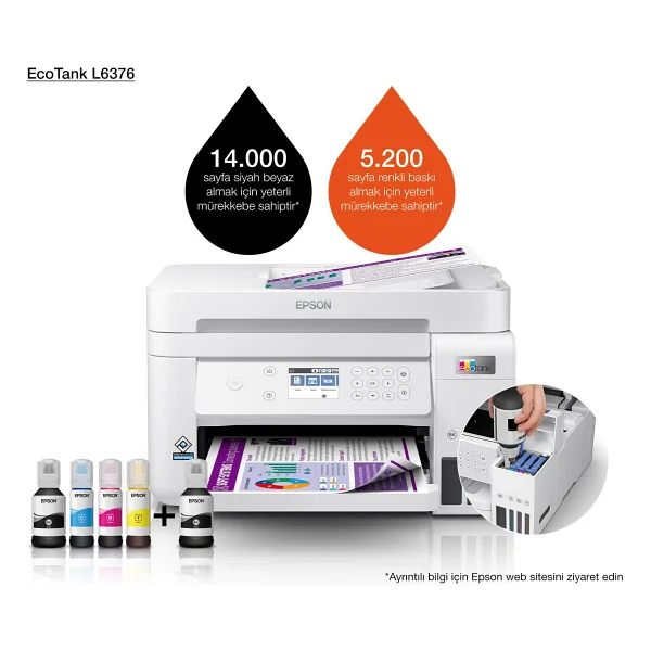 Epson Ecotank L6376 Wi-Fi + Tarayıcı + Fotokopi Renkli Çok Fonksiyonlu Tanklı Mürekkep Püskürtmeli Yazıcı - Görsel 10