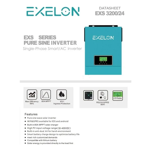 Exelon 3kw 24v Akıllı İnverter Mppt (400vdc) - Görsel 2