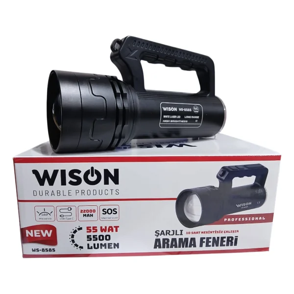 Wison WS-8585 Profesyonel Arama Feneri 55W - 5500 Lümen - 22.000 Mah - Zoomlu, Arka Işık & Çakar Modlu - Siyah - Görsel 2