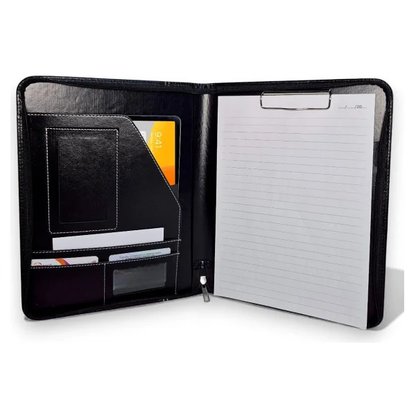 Coverzone Premium Suni Deri Sekreterlik - Mandallı Evrak Tutucu, Tablet Bölmeli Organizer, Çok Gözlü Evrak Dosyası (32.5 X 25 Cm), Siyah - Hesap Makineli - Görsel 10