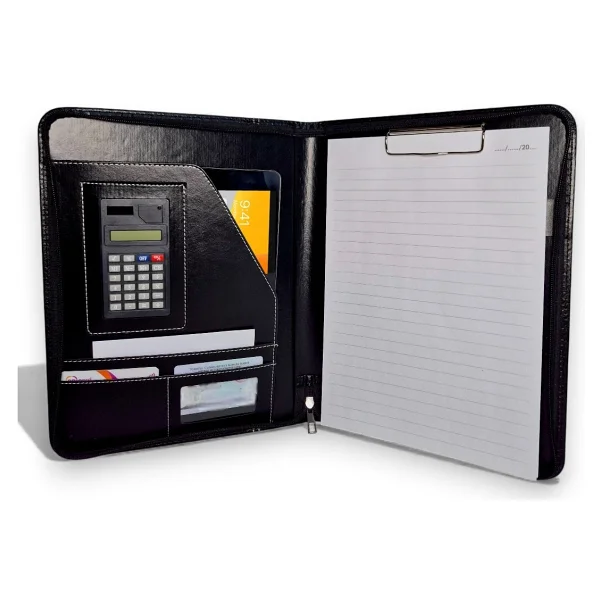 Coverzone Premium Suni Deri Sekreterlik - Mandallı Evrak Tutucu, Tablet Bölmeli Organizer, Çok Gözlü Evrak Dosyası (32.5 X 25 Cm), Siyah - Hesap Makineli - Görsel 9