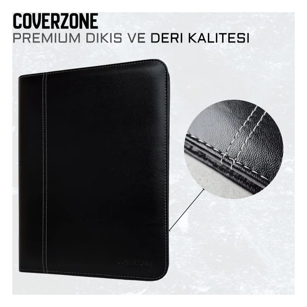 Coverzone Premium Suni Deri Sekreterlik - Mandallı Evrak Tutucu, Tablet Bölmeli Organizer, Çok Gözlü Evrak Dosyası (32.5 X 25 Cm), Siyah - Hesap Makineli - Görsel 2