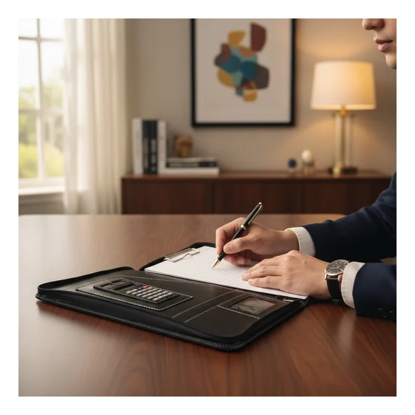 Coverzone Premium Suni Deri Sekreterlik - Mandallı Evrak Tutucu, Tablet Bölmeli Organizer, Çok Gözlü Evrak Dosyası (32.5 X 25 Cm), Siyah - Hesap Makineli - Görsel 4