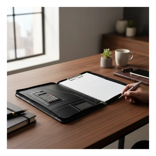 Coverzone Premium Suni Deri Sekreterlik - Mandallı Evrak Tutucu, Tablet Bölmeli Organizer, Çok Gözlü Evrak Dosyası (32.5 X 25 Cm), Siyah - Hesap Makineli - Görsel 7