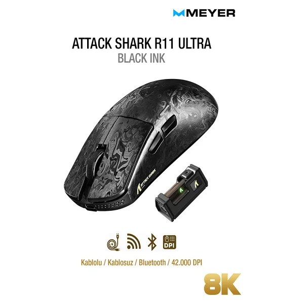 Attack Shark R11 Ultra Carbon Fiber Forged Black Şarjlı Ergonomik Optik Kablolu/Kablosuz Oyuncu Mouse - Görsel 9