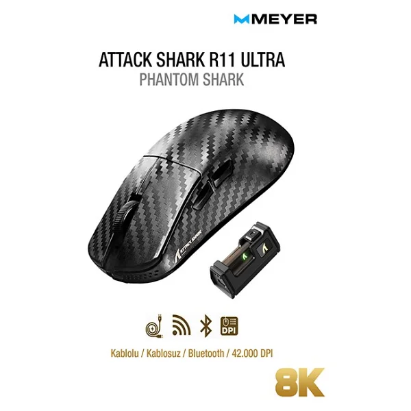 Attack Shark R11 Ultra Carbon Fiber Forged Black Şarjlı Ergonomik Optik Kablolu/Kablosuz Oyuncu Mouse - Görsel 8