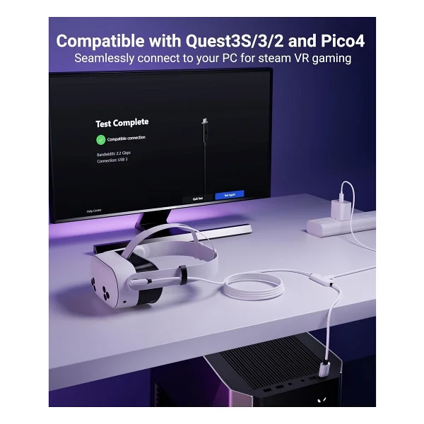 Syntech 5 M USB 3.0 Şarj Ve Bağlantı Kablosu - Meta Quest 3s/Quest 3/Oculus Quest 2 Uyumlu, Ekstra Şarj Portlu Vr PC/Steamvr Oyun Kablosu - Beyaz - Görsel 2