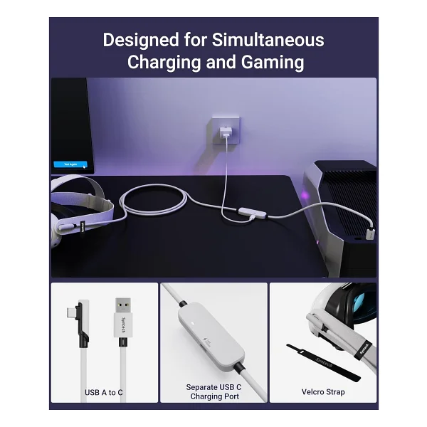 Syntech 5 M USB 3.0 Şarj Ve Bağlantı Kablosu - Meta Quest 3s/Quest 3/Oculus Quest 2 Uyumlu, Ekstra Şarj Portlu Vr PC/Steamvr Oyun Kablosu - Beyaz - Görsel 5