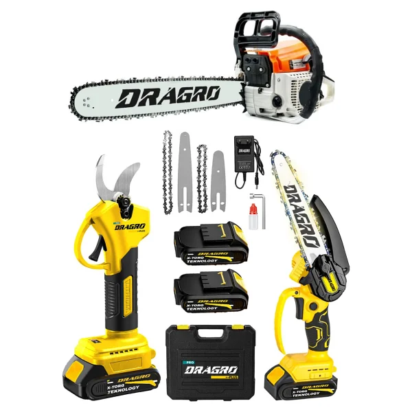 Dragro 3'lü Set 9.9 Hp Benzinli Odun Ağaç Kesme Motoru 21v Akülü Dal Budama Makası Ve Testere - Görsel 2