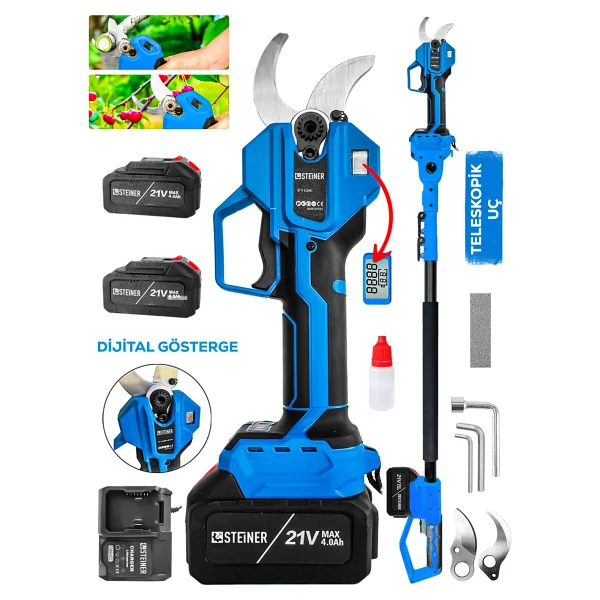 Steiner M-30 Mm Dijital Kömürsüz Akülü Bağ Dal Ağaç Kesme Biçme Budama Şarjlı Makası Makinesi + Teleskop - Görsel 3