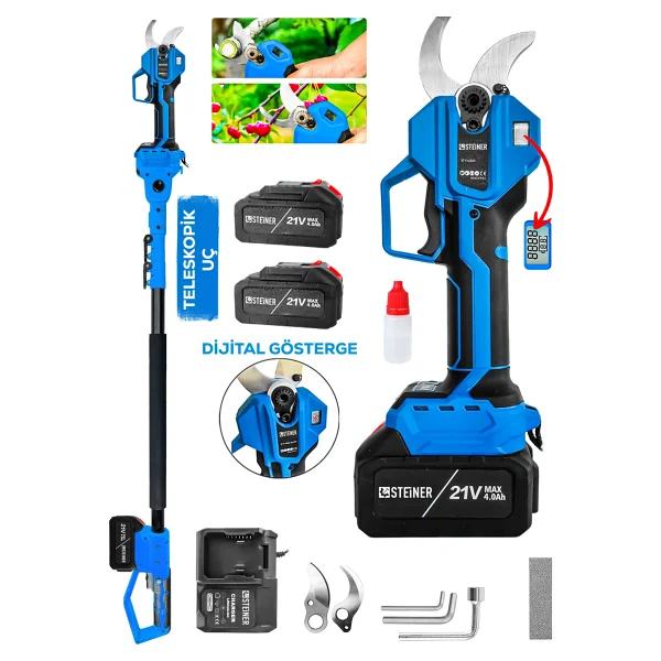 Steiner M-30 Mm Dijital Kömürsüz Akülü Bağ Dal Ağaç Kesme Biçme Budama Şarjlı Makası Makinesi + Teleskop - Görsel 2