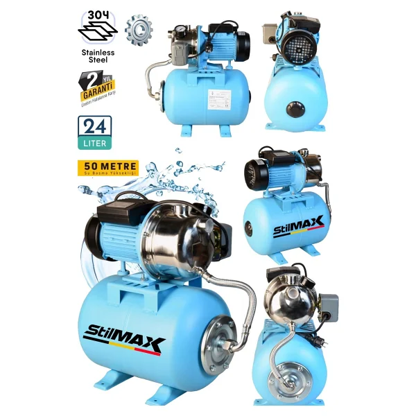 Stilmax Metal Dişli Sistem Otomatik Paket Hidrofor 24LT Tank + 1.5hp Paslanmaz Bakır Sargılı Jet Motor Seti - Görsel 3