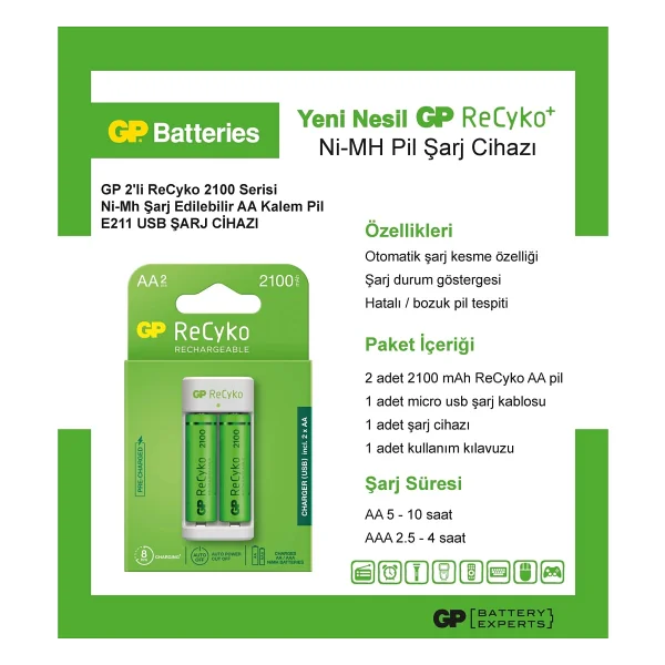 Gp E211 USB Pil Şarj Cihazı Ve 2100 mAh 1,2 V Aa Şarjlı Kalem Pil Seti - Dayanıklı Ve Taşınabilir Kullanım - 2'li - Görsel 3