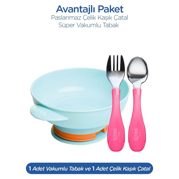 Wee Baby Süper Vakumlu Tabak Ve Çelik Kaşık Çatal Seti - Görsel 2