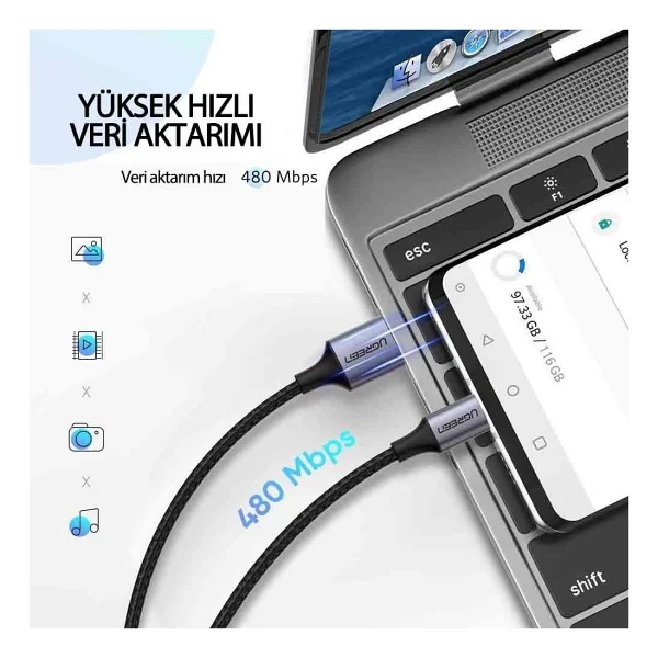 Ugreen 60133 2 m USB to Type-C Hızlı Şarj Kablosu - Görsel 4