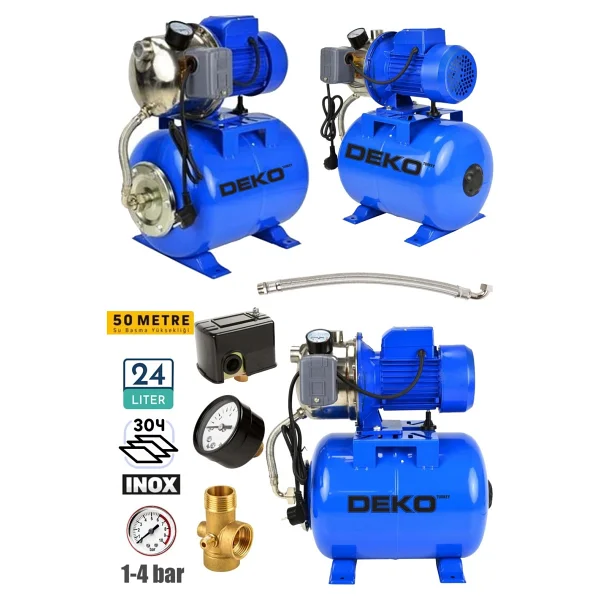 Deko Turkey 1.5 Hp Paslanmaz Jet Pompalı Su Pompası + 24lt Yatay Küre Tank Seti Otomatik Hidrofor Su Pompası - Görsel 3