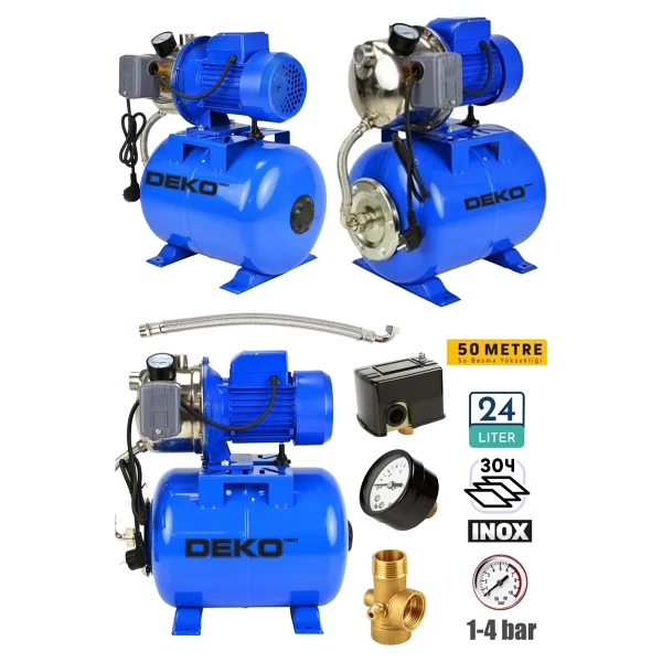 Deko Turkey 1.5 Hp Paslanmaz Jet Pompalı Su Pompası + 24lt Yatay Küre Tank Seti Otomatik Hidrofor Su Pompası - Görsel 2