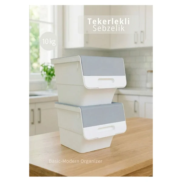 Jet's Home 2'li Patates Soğan Sepeti Beyaz-Gri Tekerlekli Kapaklı Havalandırmalı 24 Litre Sebzelik Organizer - Görsel 8