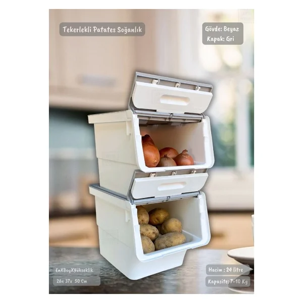 Jet's Home 2'li Patates Soğan Sepeti Beyaz-Gri Tekerlekli Kapaklı Havalandırmalı 24 Litre Sebzelik Organizer - Görsel 2