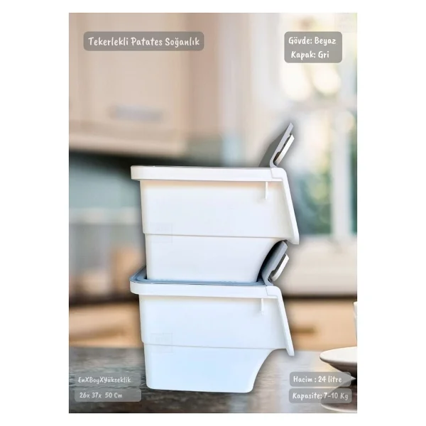 Jet's Home 2'li Patates Soğan Sepeti Beyaz-Gri Tekerlekli Kapaklı Havalandırmalı 24 Litre Sebzelik Organizer - Görsel 3