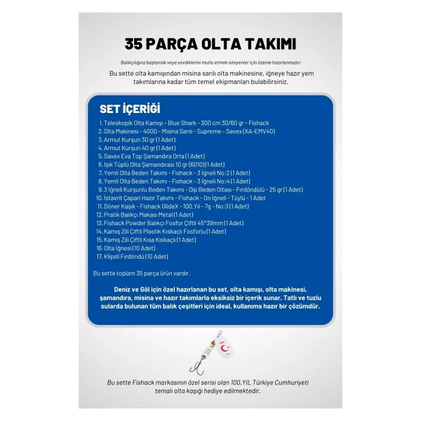 Fishack 35 Parça Tam Takım Olta Seti - 300cm Kamış 30-60gr / 40'lık Makine - Tüm Deniz Ve Göller Için - Tek Ebat - Çok Renkli - Görsel 2