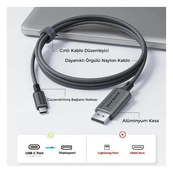Mikrava USB C Displayport 1.4 Kablo (8k@60hz, 4k@240hz, 2k@360hz) HDR Hdcp Type C To Dp [Thunderbolt 5/4/3, Dex Mode Uyumlu], iPhone 15/16/17 Pro, MacBook, iPad Pro/Air, Samsung S25 Uyumlu (2 Metre) - Görsel 6