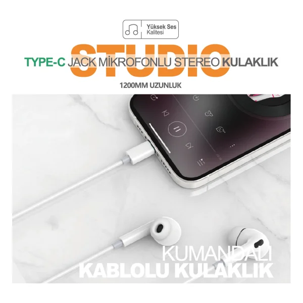Lucatech Samsung F02s / F04 / F13 / F23 / F41 / F42 / F52 / F54 / F62 Uyumlu Silikonlu Type-C Kulaklık - Beyaz - Görsel 3