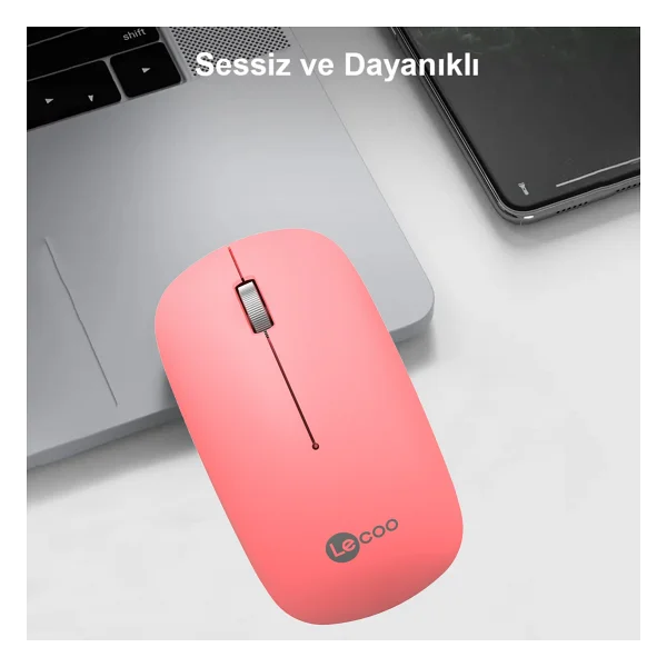 Lenovo Lecoo Ws214 Pembe Sessiz Ergonomik Optik Kablosuz Mouse - Görsel 6