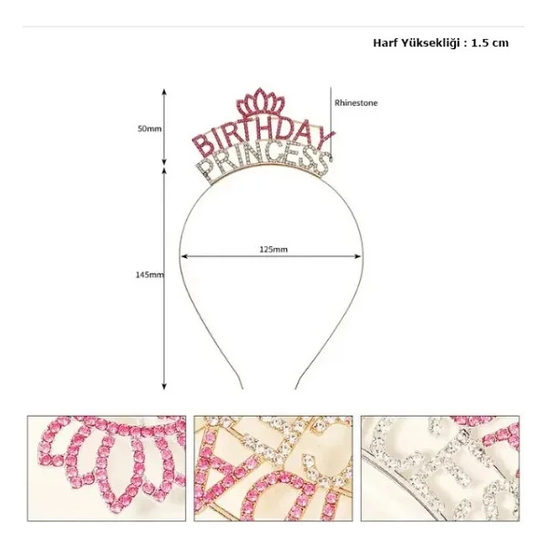 Kristal Tasli Pembe Birthday Princess Yazili Parti Taci 19x11 Cm - Görsel 5