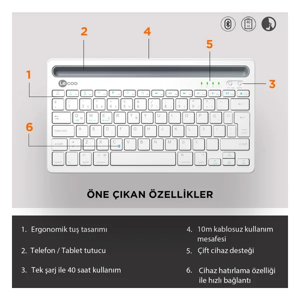 Lenovo Lecoo Bk100 Beyaz Tkl Kablosuz Klavye - Görsel 6