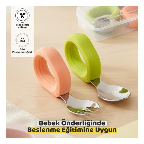 Guqqo Bebek Çatal Kaşık Seti, Paslanmaz Çelik, Silikon Saplı, Pudra Yeşil - Pudra - Yeşil - Görsel 7