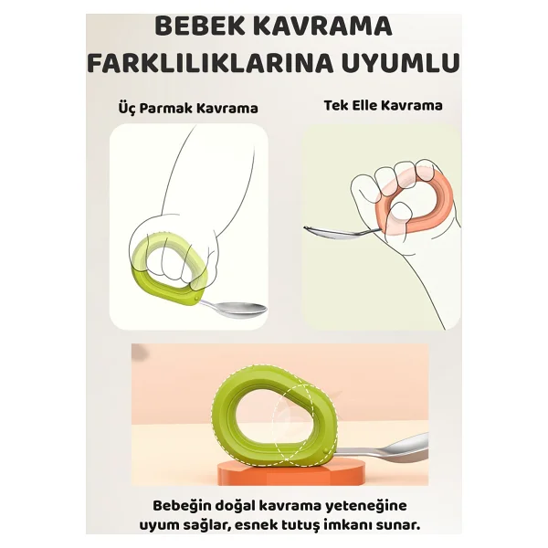 Guqqo Bebek Çatal Kaşık Seti, Paslanmaz Çelik, Silikon Saplı, Pudra Yeşil - Pudra - Yeşil - Görsel 2