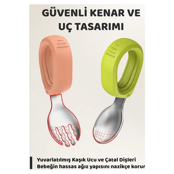 Guqqo Bebek Çatal Kaşık Seti, Paslanmaz Çelik, Silikon Saplı, Pudra Yeşil - Pudra - Yeşil - Görsel 3