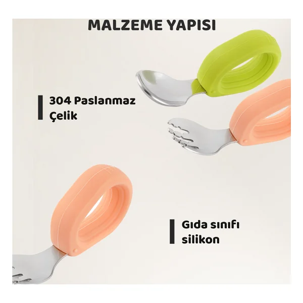 Guqqo Bebek Çatal Kaşık Seti, Paslanmaz Çelik, Silikon Saplı, Pudra Yeşil - Pudra - Yeşil - Görsel 4
